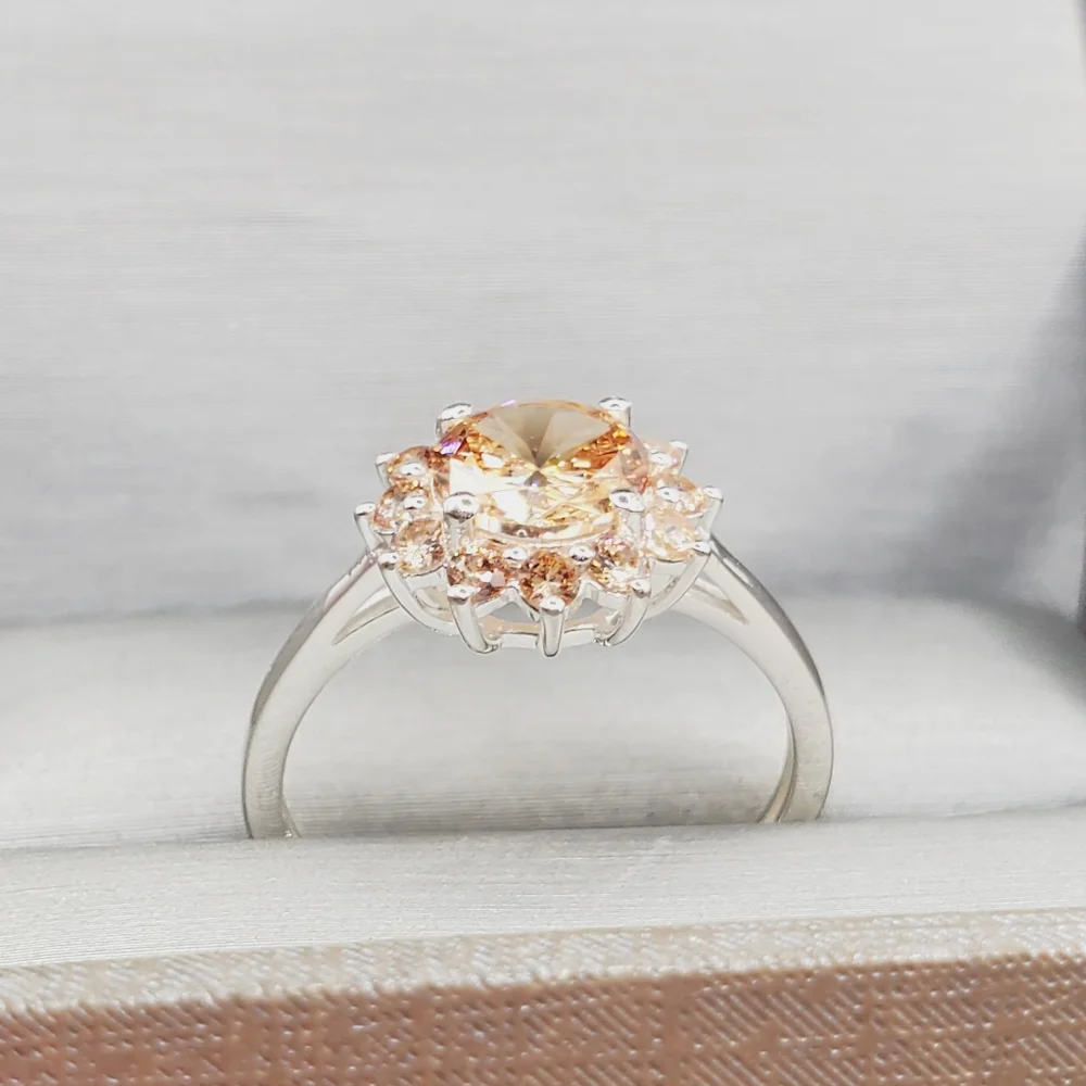 Champagne Halo 925 Sterling Silver Ring